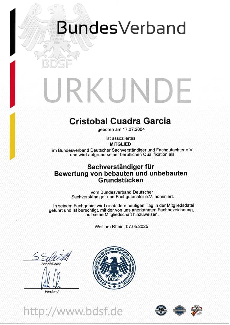 Mitgliedsurkunde des Bundesverbands Deutscher Sachverständiger und Fachgutachter