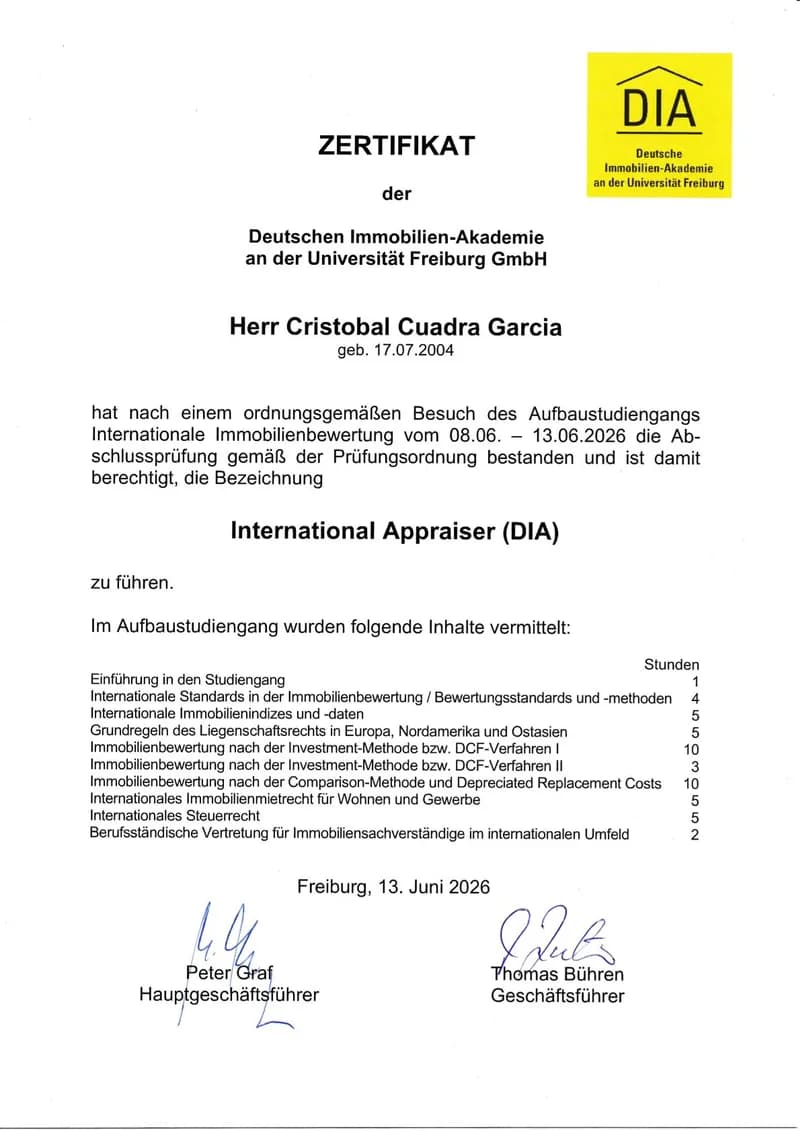 Urkunde der Deutschen Immobilien-Akademie zum Studiengang International Appraiser