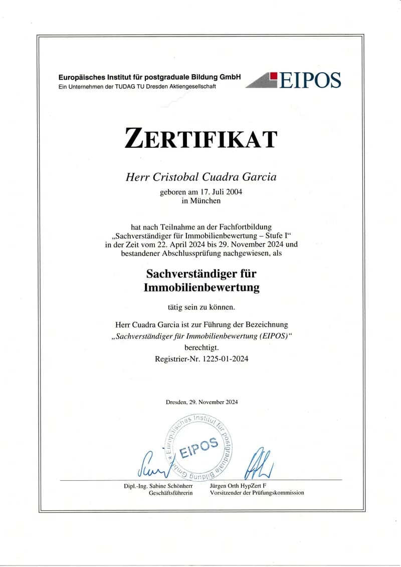 Abschlussurkunde der EIPOS über die Fortbildung zum Sachverständigen für Immobilienbewertung